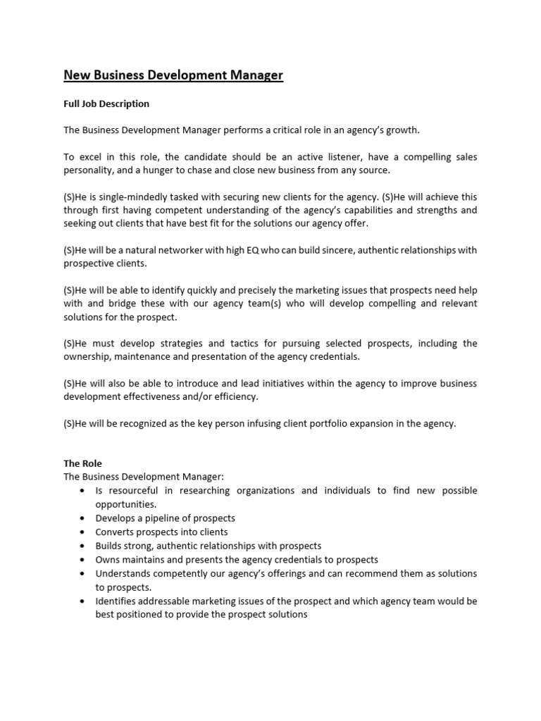 Business Development Manager Role | PDF | Business Development | Marketing