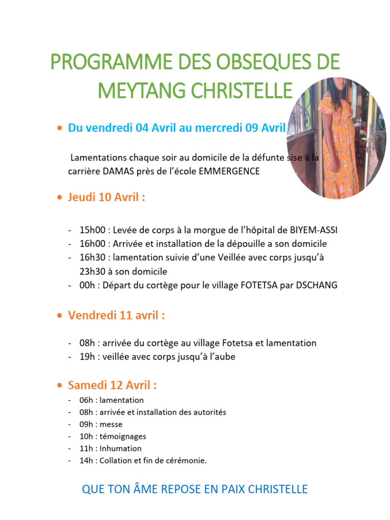 Programme des Obsèques de Meytang Christelle | PDF
