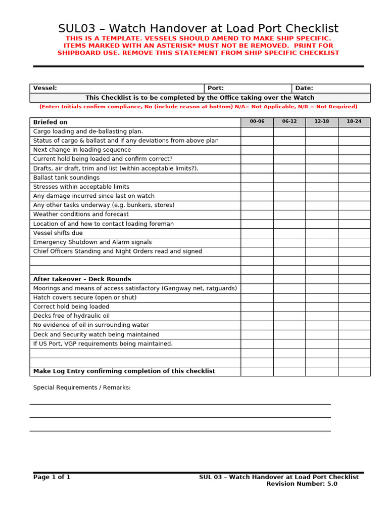 Watch Handover Checklist for Loading | PDF