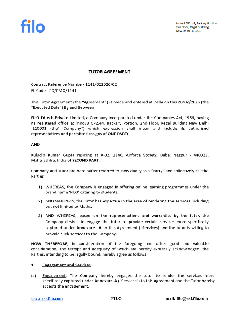 Tutor Agreement with FILO Edtech | PDF | Indemnity | Business Law