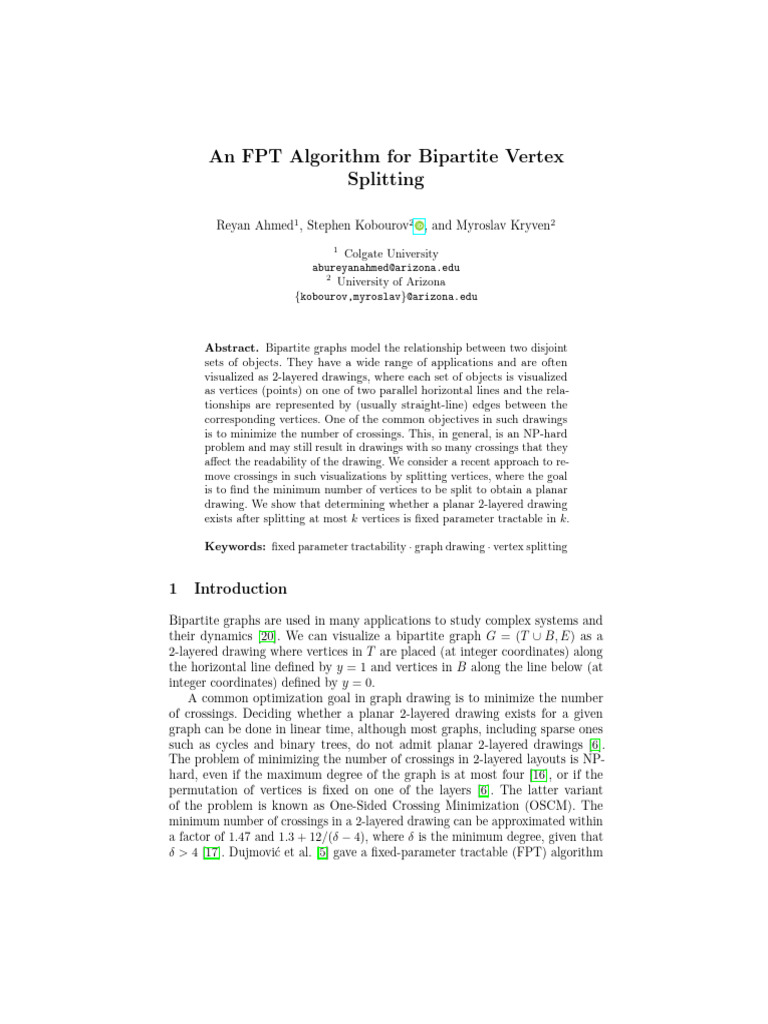 FPT Algorithm for Bipartite Vertex Splitting | PDF | Vertex (Graph ...