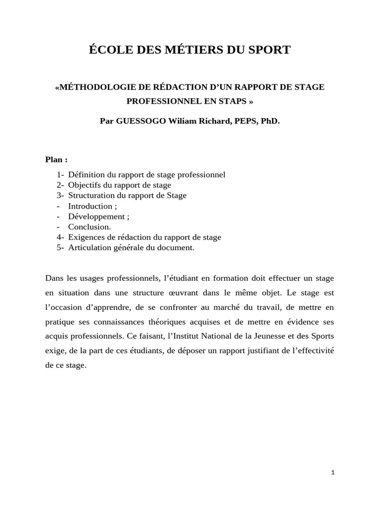 Méthodologie du Rapport de Stage STAPS | PDF