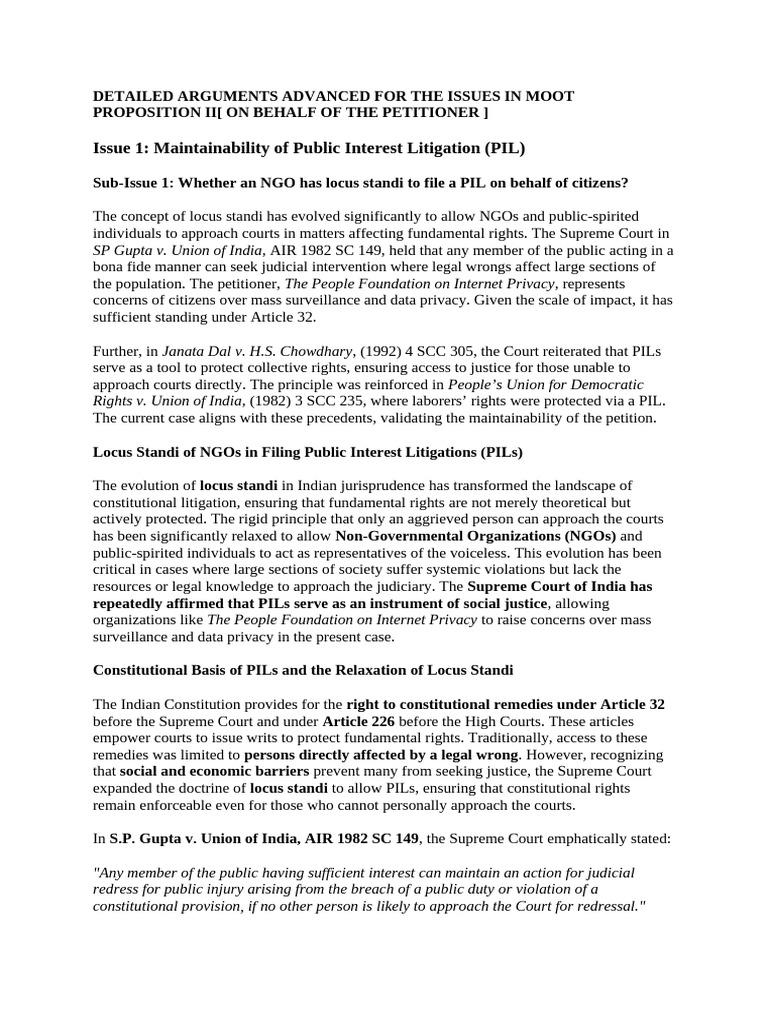Detailed Arguments Advanced For The Issues in Moot Proposition Ii | PDF ...