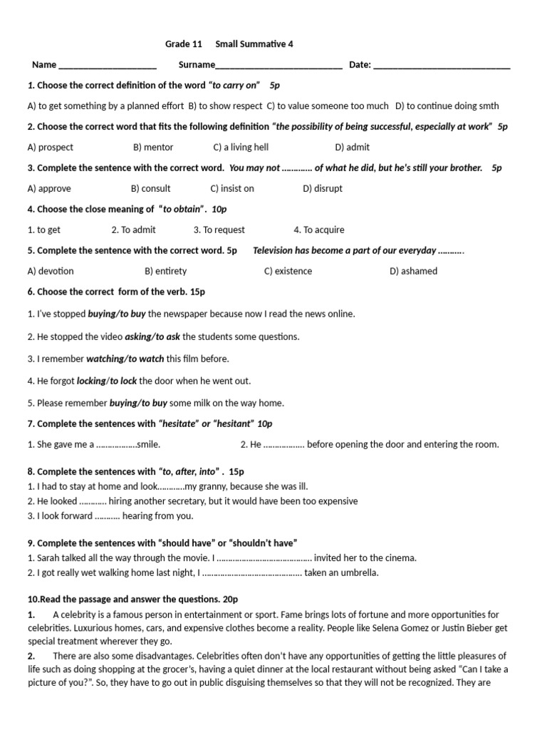 Grade 11 English Summative Assessment | PDF | Celebrity
