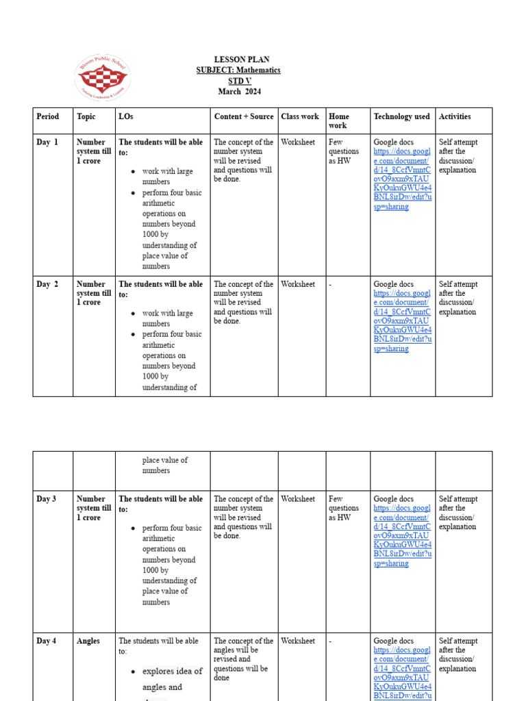 Grade 5 Math Lesson Plan: Number System & Angles | PDF | Decimal ...