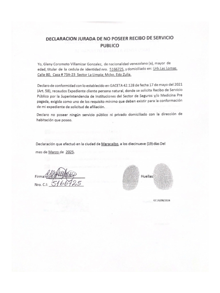 Declaracion Jurada de No Poseer Recibo de Servicio | PDF