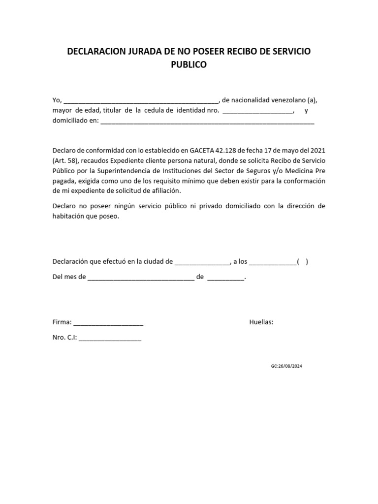 Declaración Jurada de No Poseer Servicios | PDF