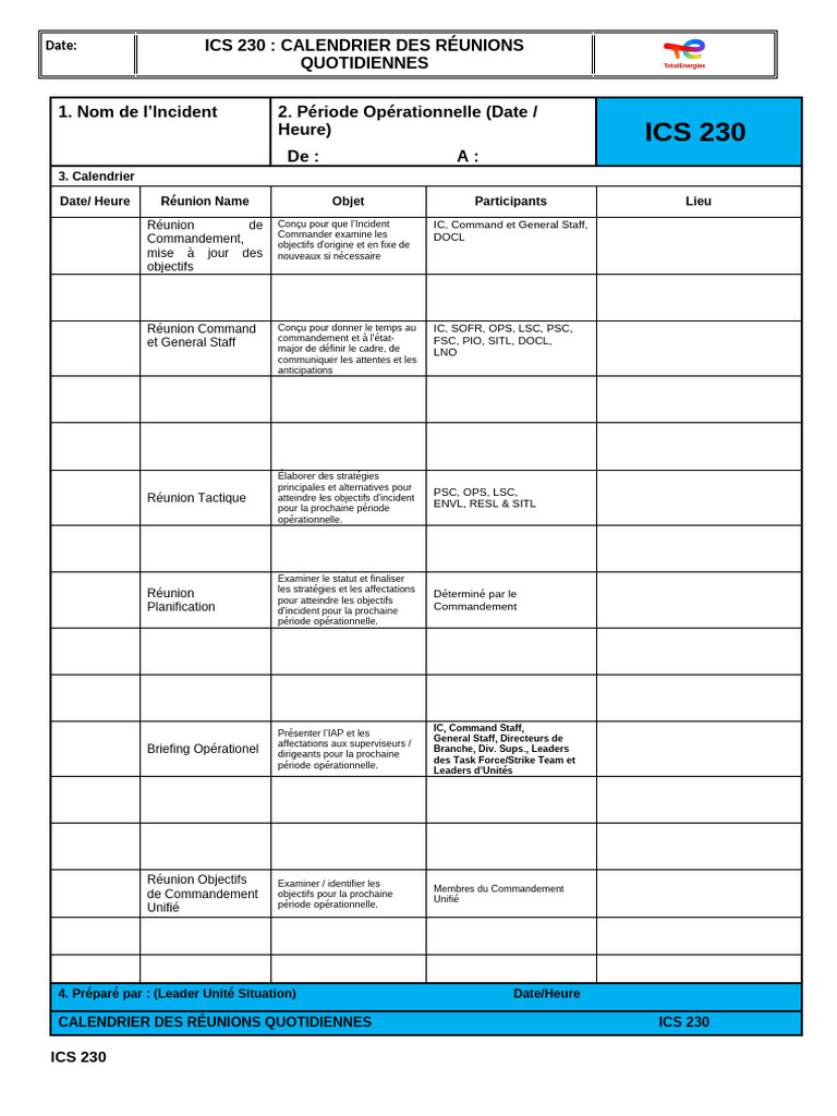 Calendrier Réunions Quotidiennes ICS 230 | PDF