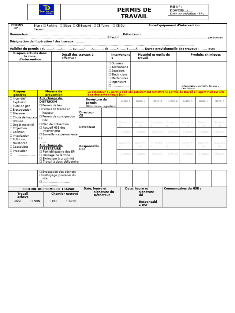 Modèle de Permis de Travail HSE PDF | PDF | Santé et sécurité au ...