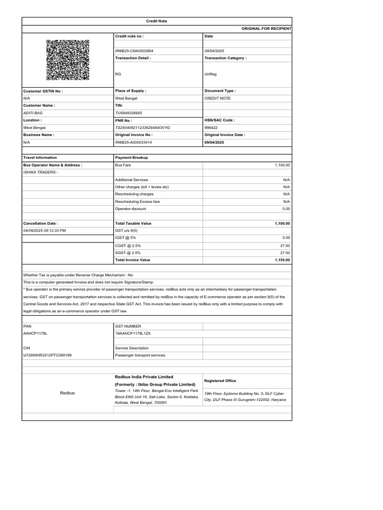 Credit Note for Bus Fare Transaction | PDF | Taxes | Government Finances