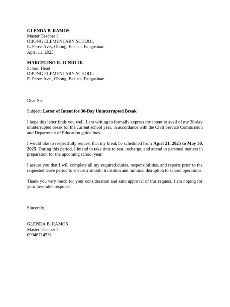 Intent for 30-Day Uninterrupted Leave | PDF