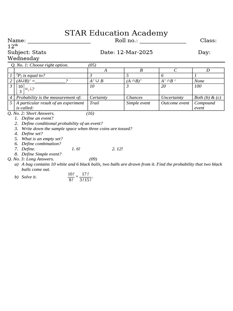 12th Grade Stats Exam Questions | PDF