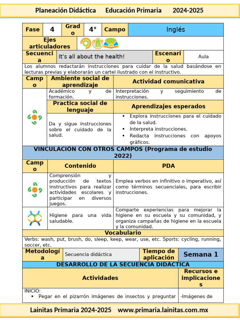 Planeación Didáctica: Salud en Inglés 4° | PDF | Maestros | Aprendizaje