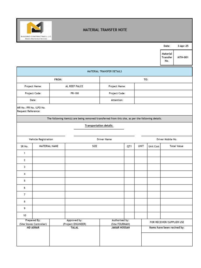 Material Transfer Note MTN-001 Details | PDF | Vehicles | Transport