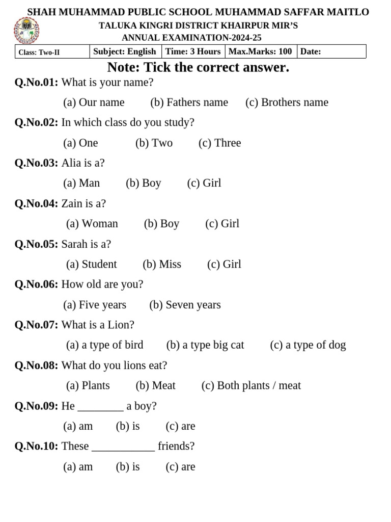 Class 2 English Exam Paper 2024-25 | PDF