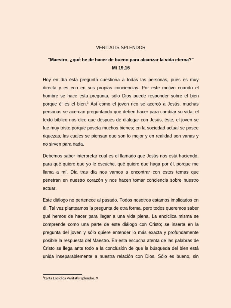 Resumen de la Encíclica Veritatis Splendor | PDF | Cristo (título) | Jesús