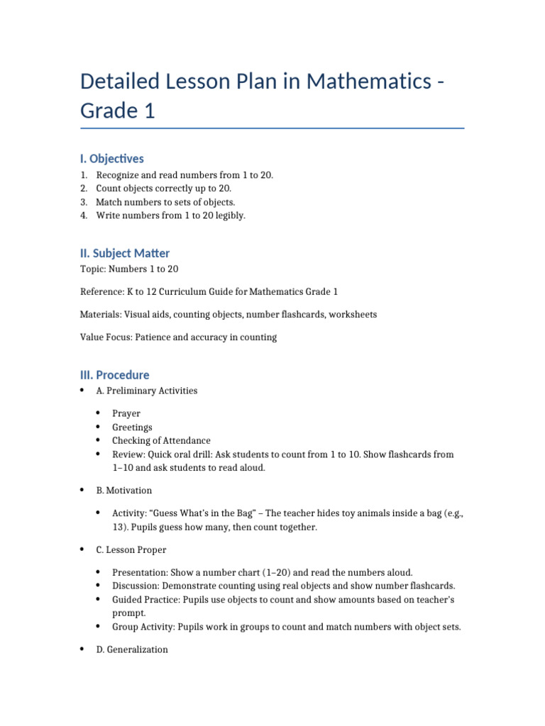Grade1 Math LessonPlan Numbers1to20 | PDF