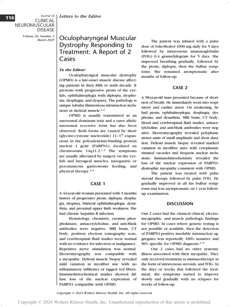 Oculopharyngeal Muscular Dystrophy Responding To.4 | PDF | Human ...