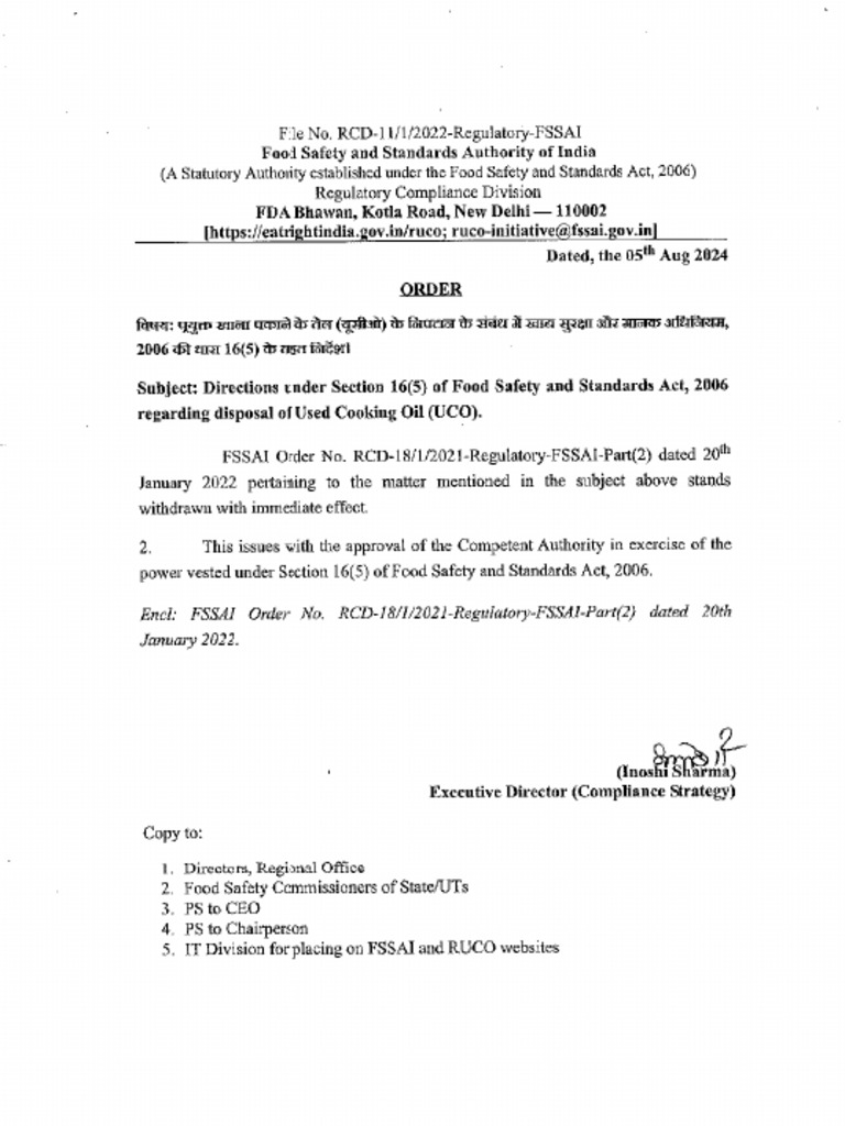 FSSAI Direction Ised Cooking Oil Dt5thAug24 | PDF