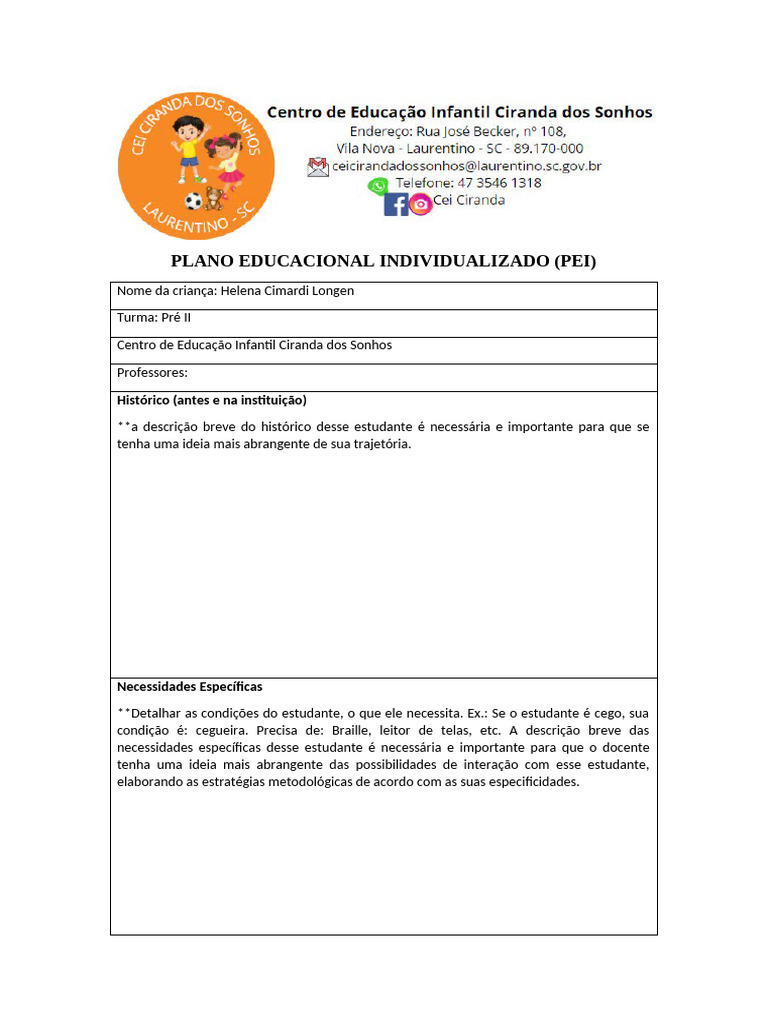 Plano Educacional Individualizado para Helena | PDF | Pedagogia ...