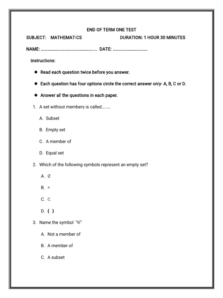 Mathematics End of Term Test | PDF | Empty Set | Mathematical Concepts