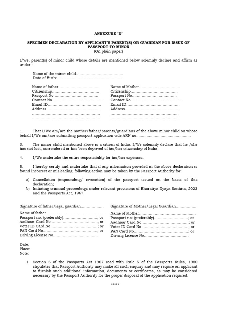 Parent Declaration for Minor Passport | PDF | Identity Document ...