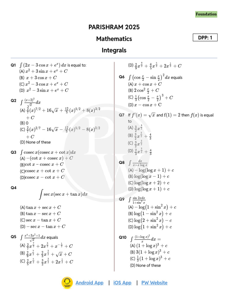 Integrals - DPP 01 (Of Lec 02) - Parishram 2025 | PDF