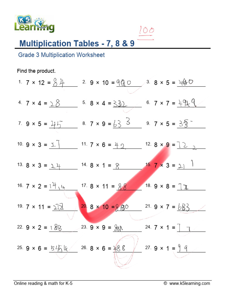 Grade 3 Multiplication Table 7 8 9 A | PDF