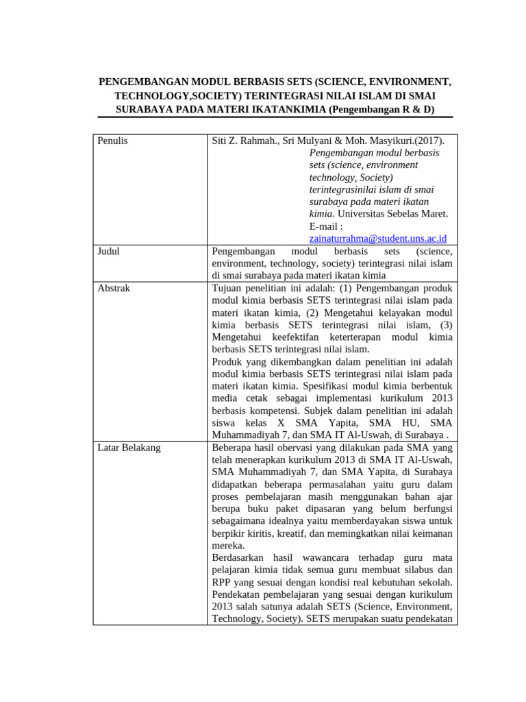 Modul SETS Kimia Terintegrasi Nilai Islam | PDF