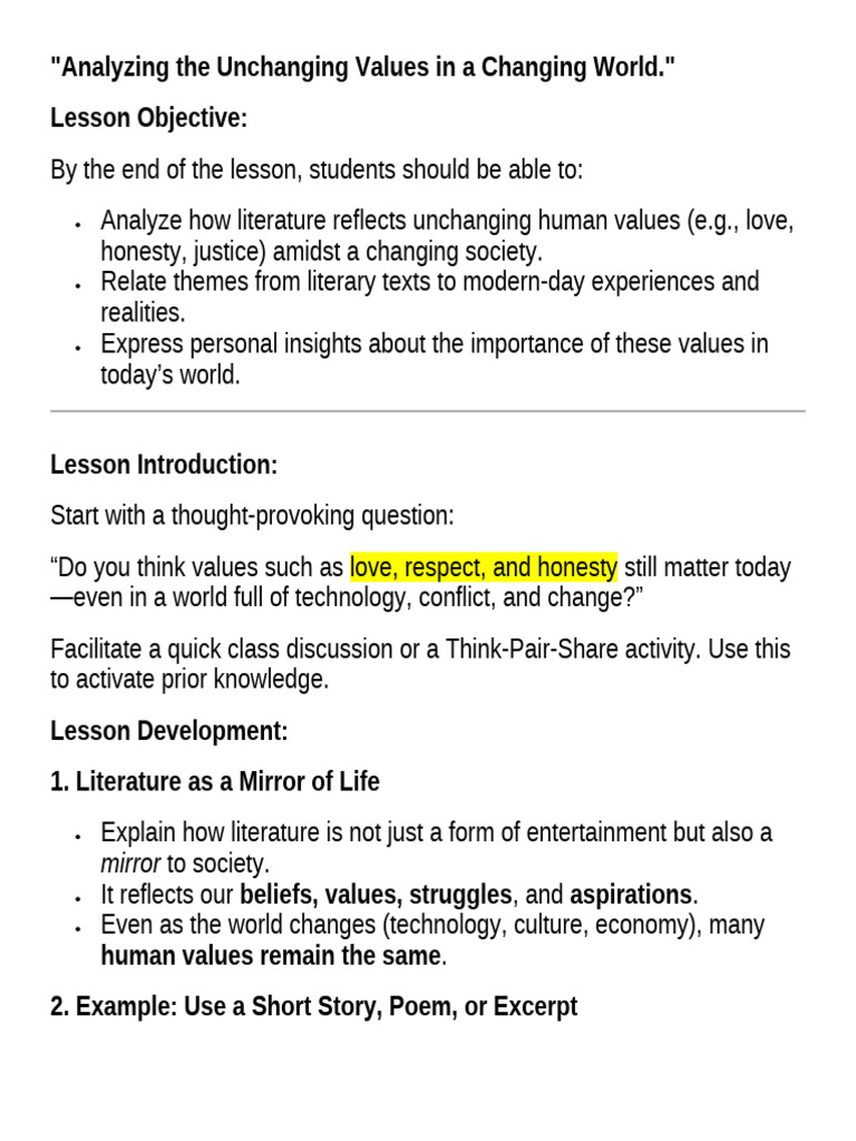 Unchanging Human Values in Literature | PDF