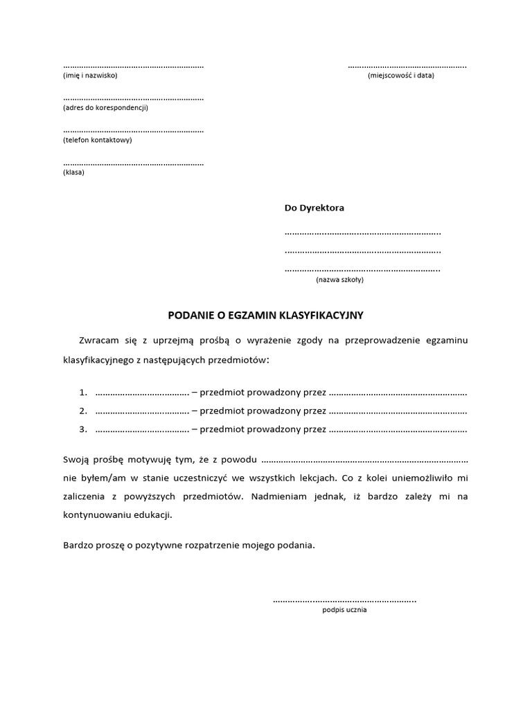 Podanie o Egzamin Klasyfikacyjny | PDF
