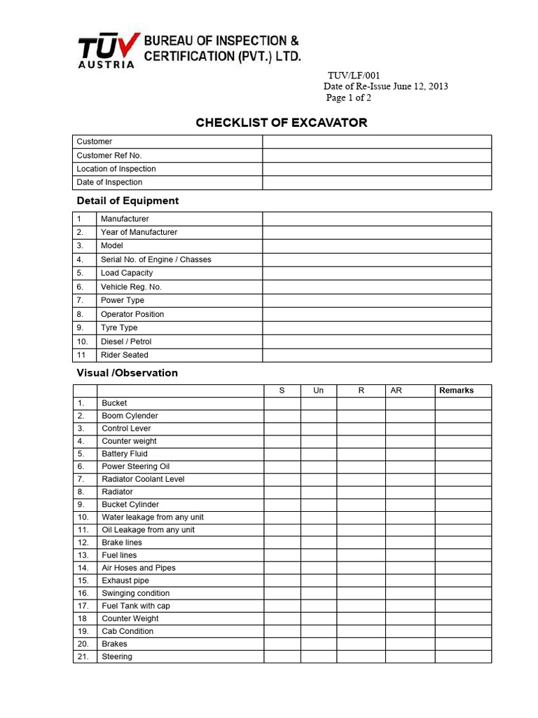 Excavator Inspection Checklist Template | PDF