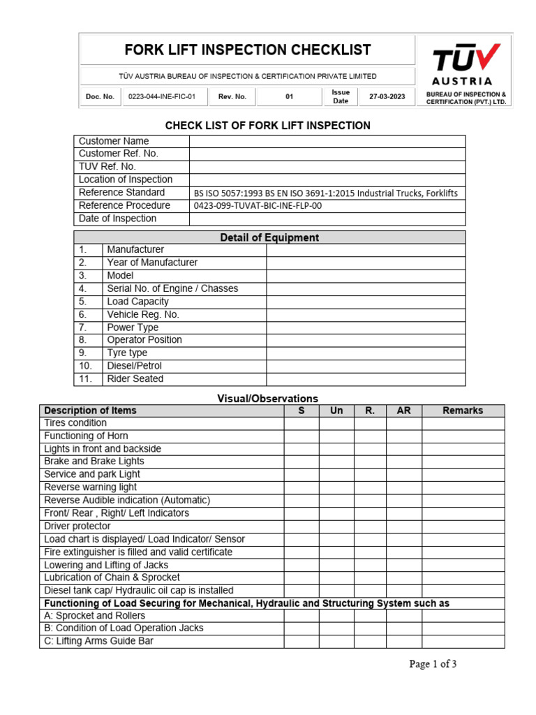 Forklift TÜV Inspection Checklist | PDF | Forklift | Land Vehicles