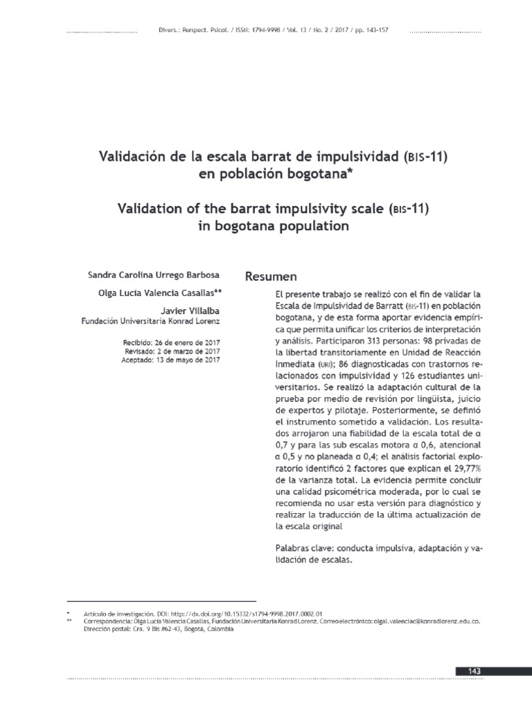 Vista de Validación de La Escala Barrat de Impulsividad (Bis-11) en ...