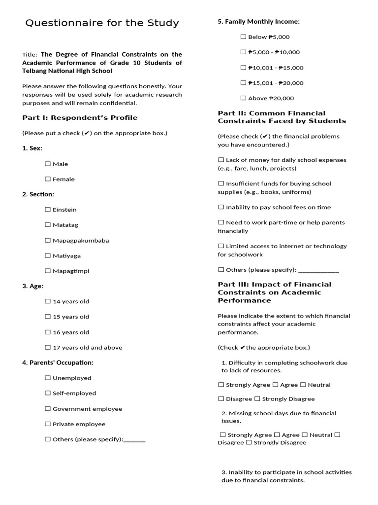 Questionnaire for the Study.half | PDF