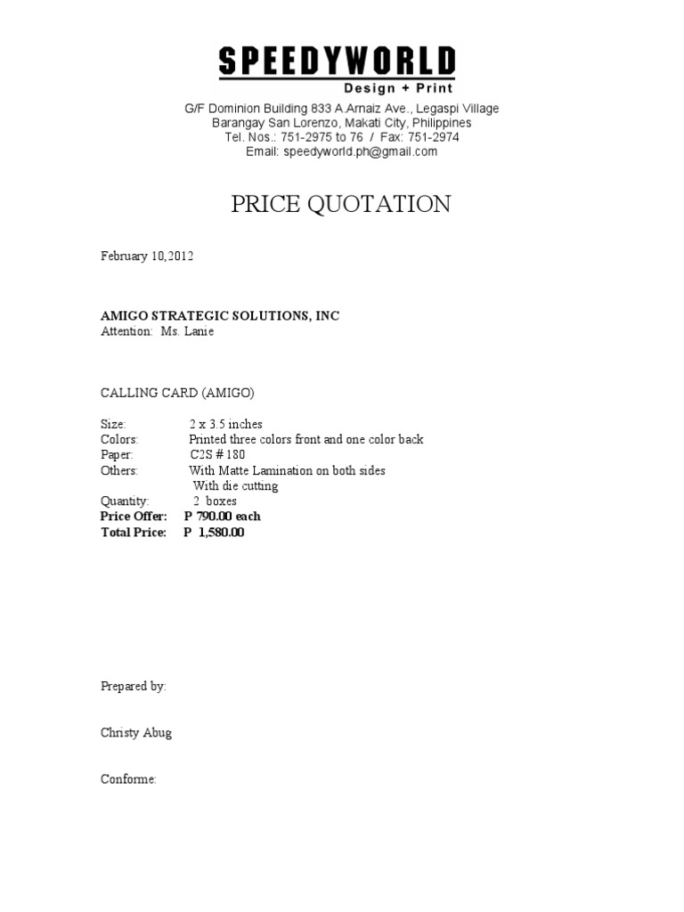 Calling Card Price Quote 2012 | PDF