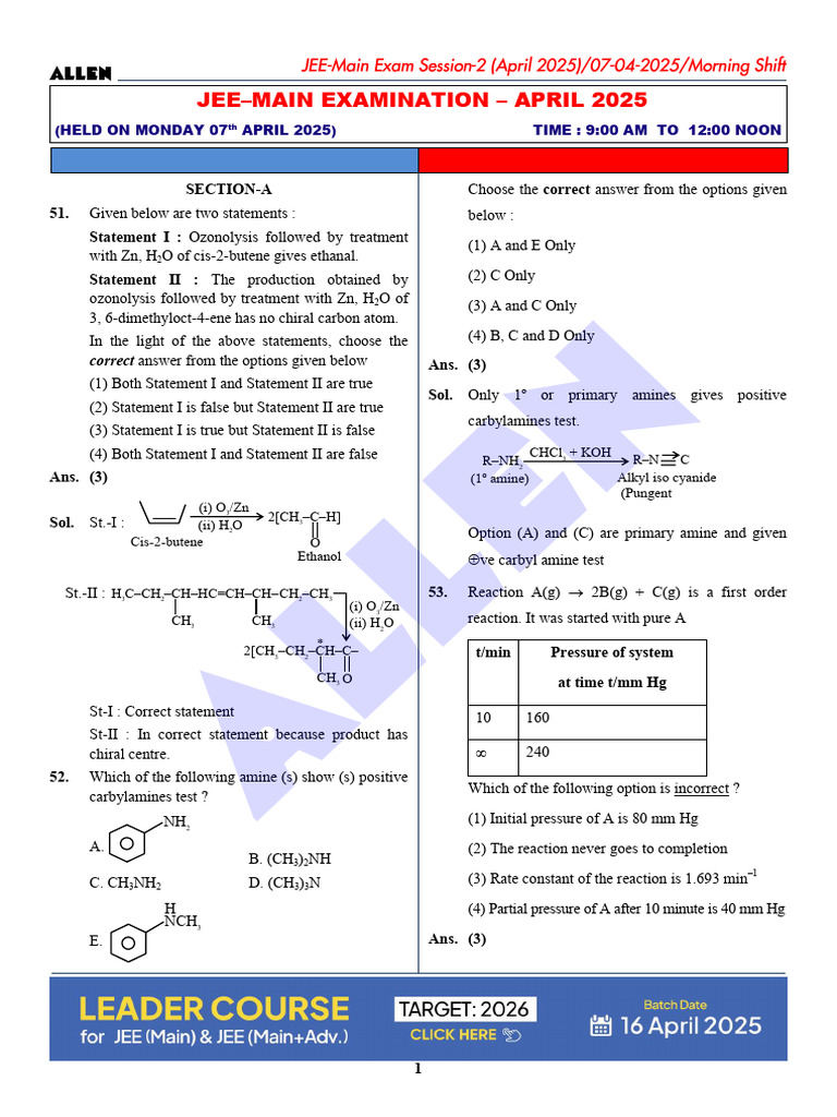 07 April Shift 1 Chemistry Sol | PDF | Chromium | Atoms