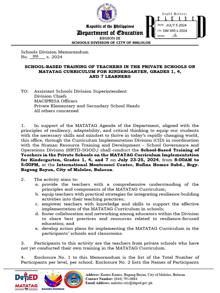DM 355 S 2024 School Based Training of Teachers in The Private Schools ...