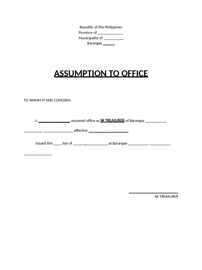 SK Treasurer Assumption Document | PDF