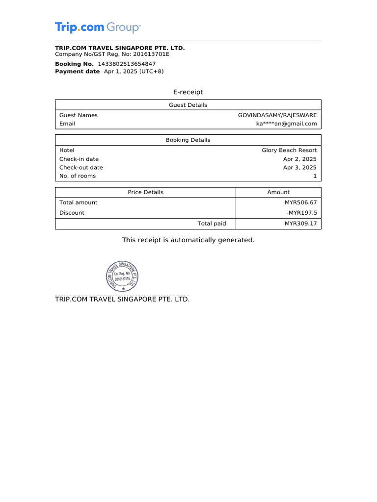 Hotel Booking 1433802513654847 E-Receipt | PDF