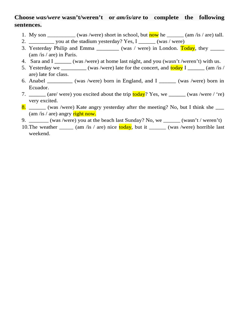 Exercises on Using Was/Were | PDF