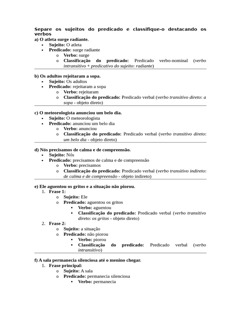 Separe Os Sujeitos Do Predicado e Classifique | PDF | Predicado ...