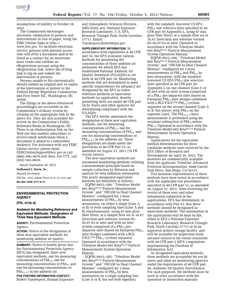 New EPA Methods for Air Quality Monitoring | PDF | Particulates ...