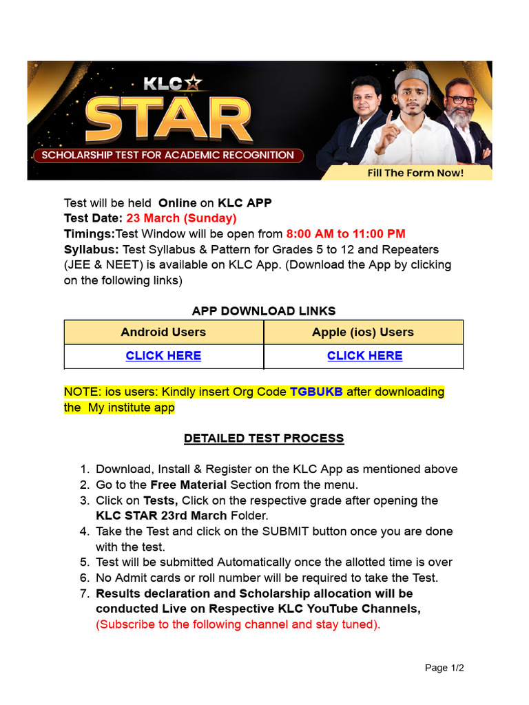 To Register For KLC Scholarship Test, Fill This Form | PDF