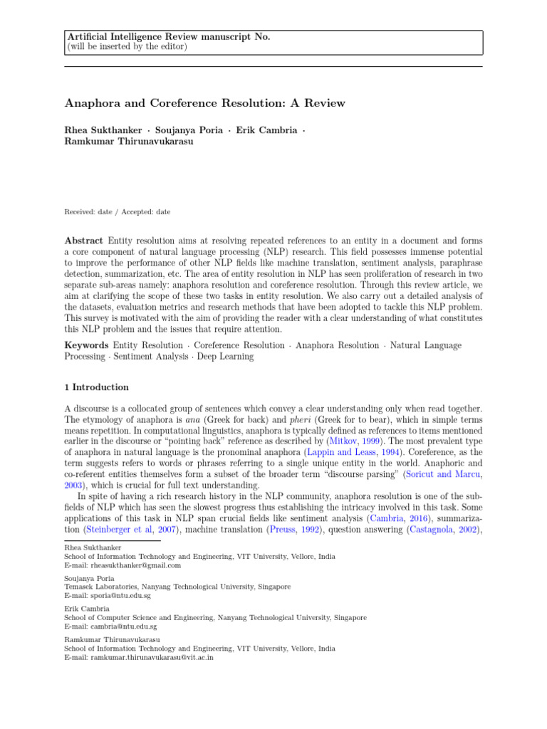 Anaphora and Coreference Resolution A Review | PDF | Pronoun | Language ...