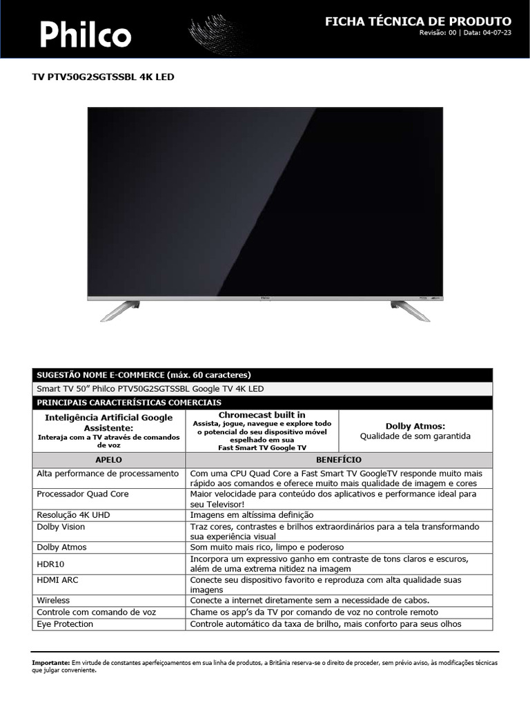 Smart TV 50" 4K LED Philco PTV50G2SGTSSBL | PDF | Televisão | HDMI