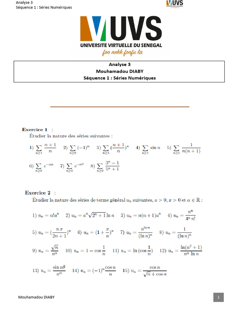 Séries Numériques - Analyse 3 | PDF