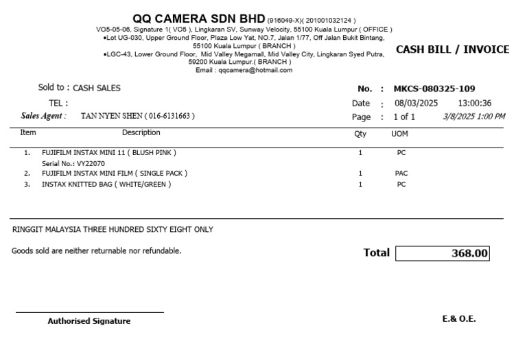 Receipt Instax Mini 11 | PDF