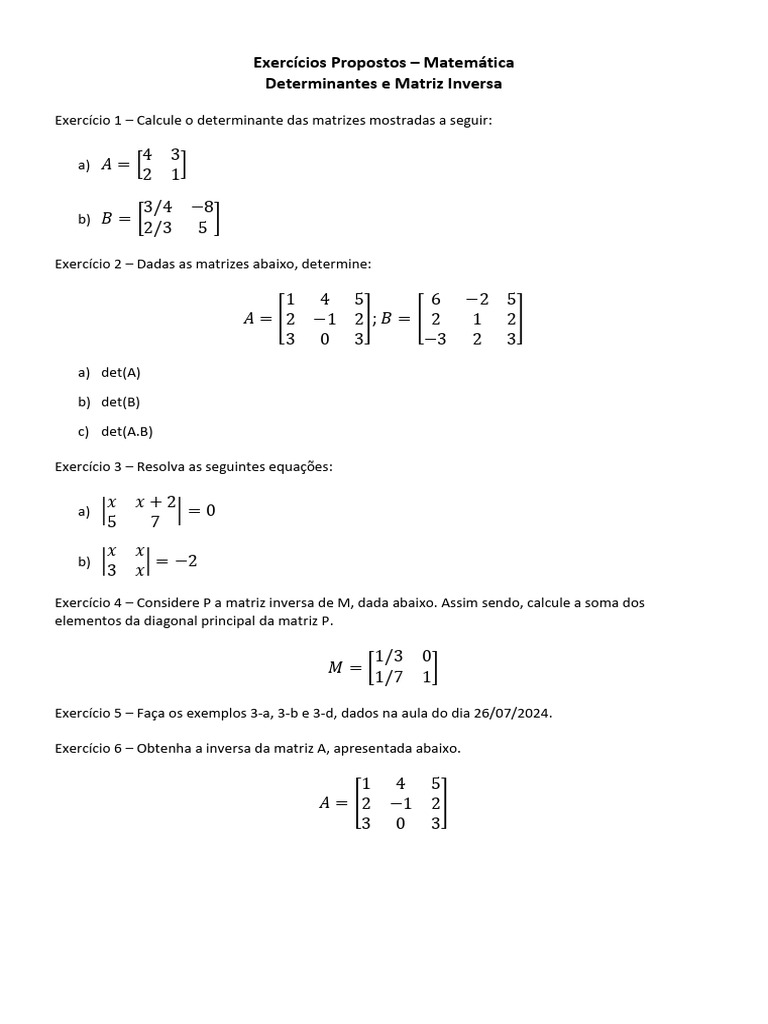 Exercícios de Matriz Inversa 2x2 | PDF