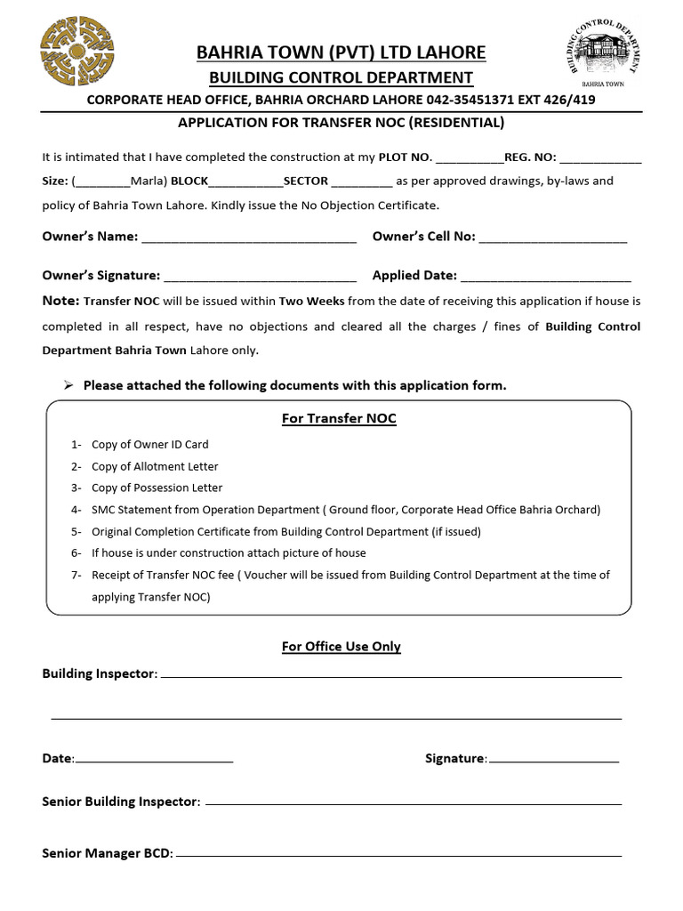 Residential Transfer Noc Application | PDF